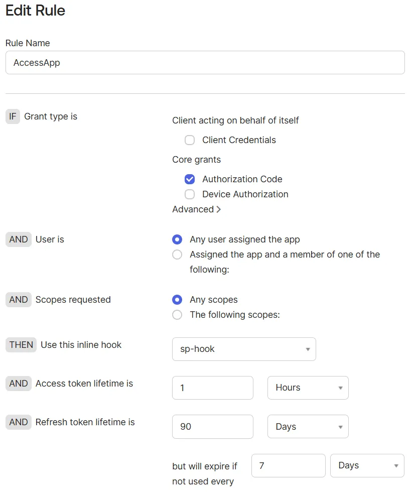 Access Policy Rule with Token Inline Hook selected